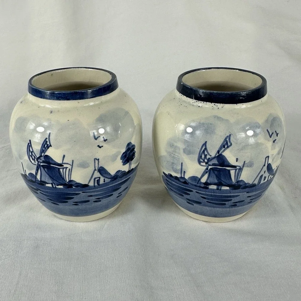 Vintage Delfts Handpainted Blue White Windmill Ginger Jar Pair Small 3.5